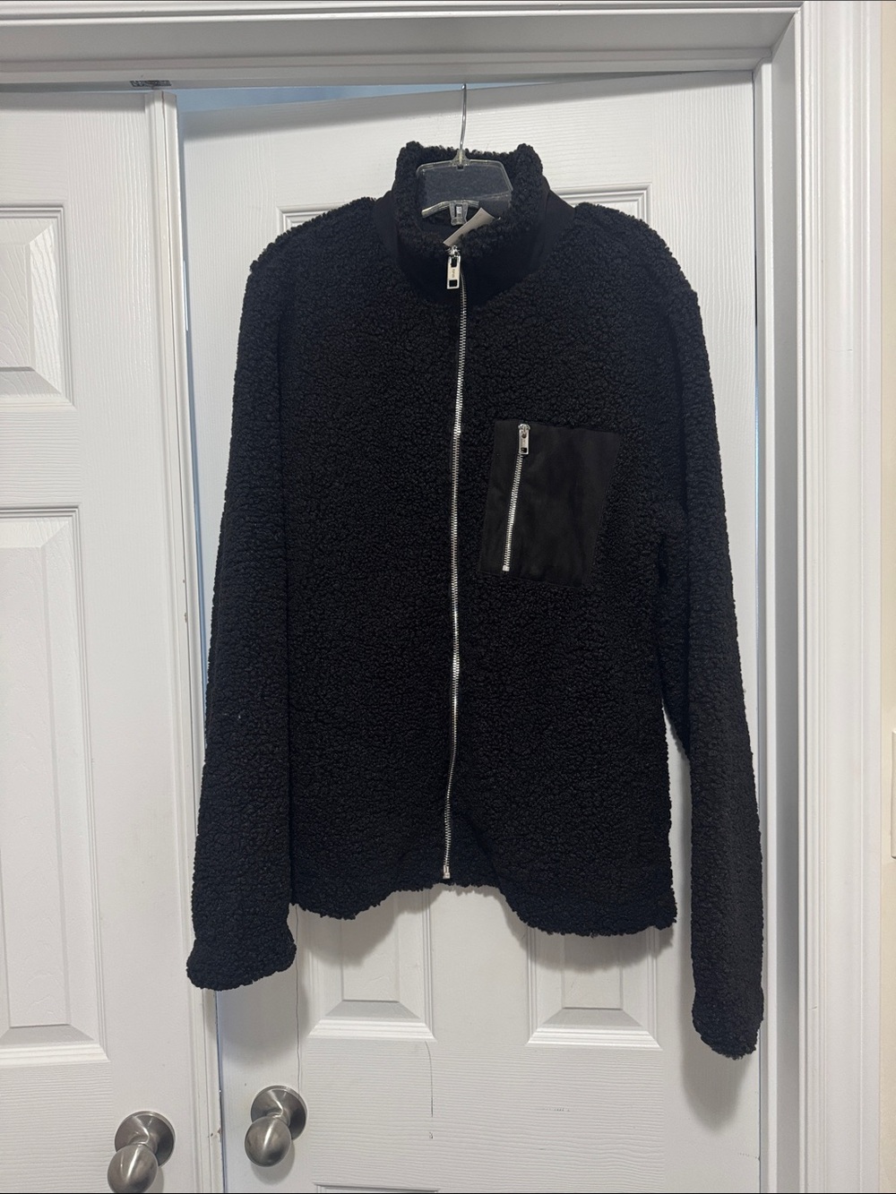 H&M Black Teddy Sherpa Zip Jacket with Chest Pocket